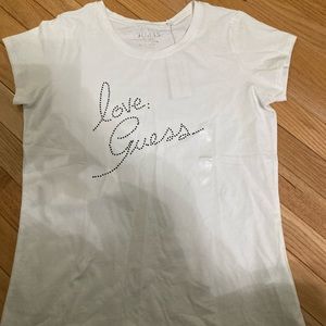 Guess Women’s White T-Shirt with black rhinestones. Size XL.